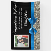 Blauw Zilver Glitter Foto Afstuderen Banner Sign (Verticaal)