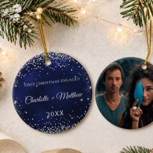Blauw zilver glitter vonken verloofd foto keramisch ornament