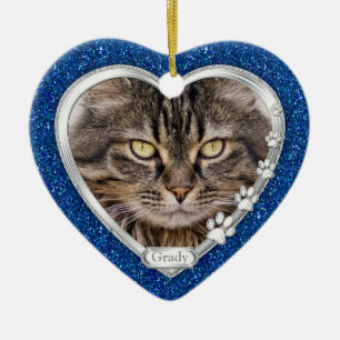 Blauw Zilver Hart Huisdier Kat Memorial Foto Kerst Keramisch Ornament