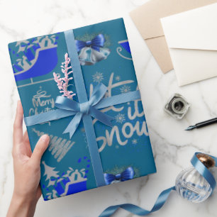 Blauw & Zilver Laat het Sneeuwen op Blauw   Cadeaupapier