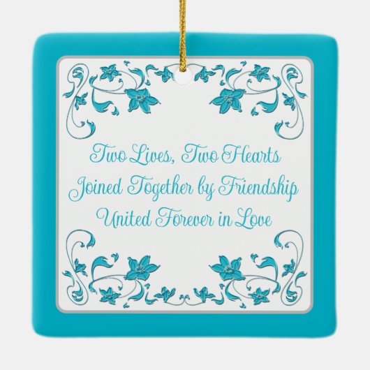 Blauw, Zilver Love Hearts Bruiloft 1e Kerstmis Keramisch Ornament (Achterkant)