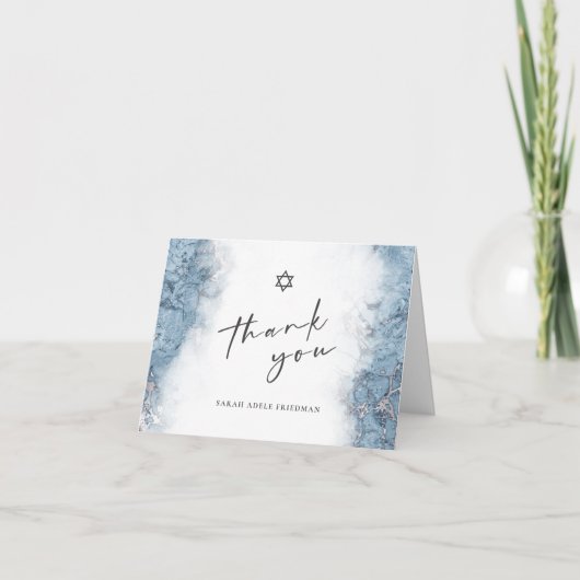 Blauw Zilver Marmeren Bar of Bat Mitzvah Dank u Bedankkaart (Voorkant)