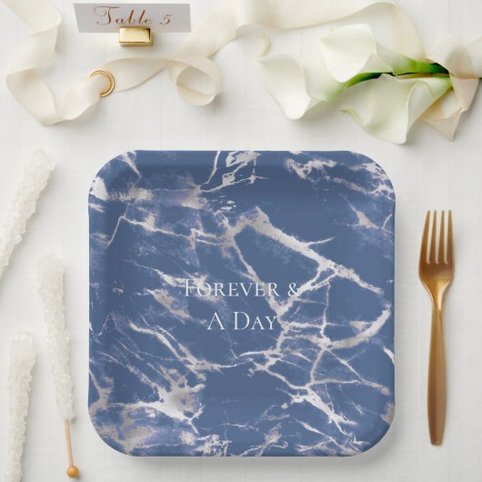 Blauw Zilver Marmeren bruiloft Papieren Bordje (Huwelijk)