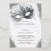Blauw Zilver Masker Vlinder Quinceanera Folie Uitnodiging (Voorkant)
