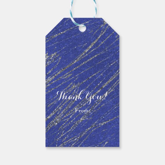 Blauw & zilver Modern Glam Marble Stripe Party Cadeaulabel (Achterkant)