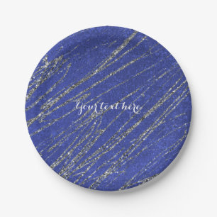 Blauw & Zilver Modern Marmer Glam Streep Feest Papieren Bordje