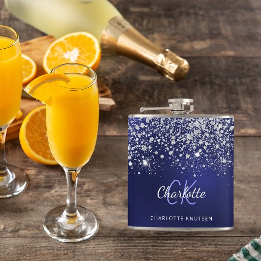 Blauw zilver naam schrift glitters glinster heupfles