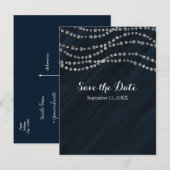 Blauw & Zilver Nep Diamant Bling Save The Date Aankondigingskaart (Voorkant / Achterkant)
