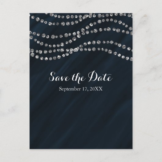 Blauw & Zilver Nep Diamant Bling Save The Date Aankondigingskaart (Voorkant)