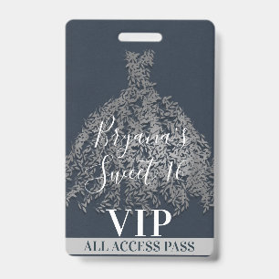 Blauw Zilver Roestige Bladeren Jurk Sweet 16 VIP P Badge