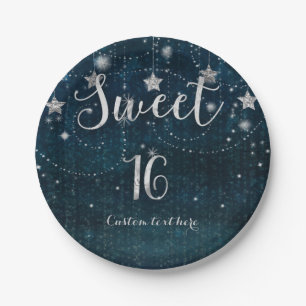 Blauw & Zilver Sterren Sweet 16 Grillemantig Feest Papieren Bordje