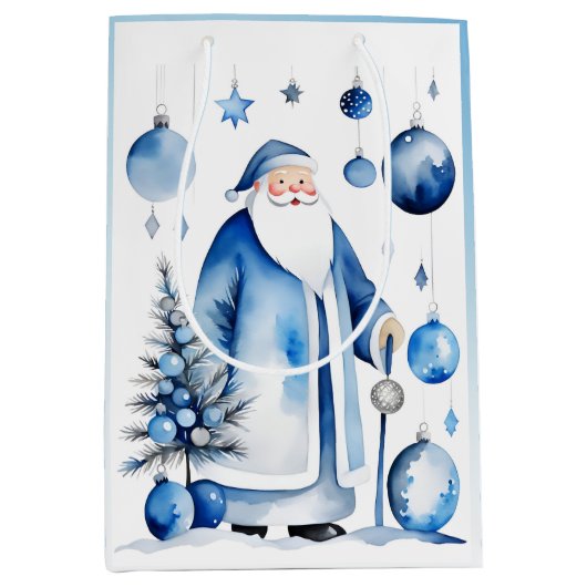 Blauw, Zilver & Wit Japandi Santa Medium Cadeauzakje (Voorkant)