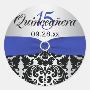 Blauw, Zilver, Zwart Damast Quinceanera Sticker