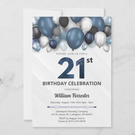 Blauw Zilver Zwart & Wit 21e Verjaardag Uitnodigin Kaart (Voorkant)
