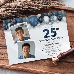 Blauw Zilver Zwart & Wit 25e Verjaardag 2 Foto Kaart