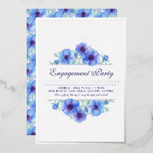 Blauw zilveren anemoon bloemige watercolor verlovi folie uitnodiging