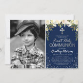 Blauw zilveren bloemenjongen Eerste Heilige Commun Kaart (Voorkant)