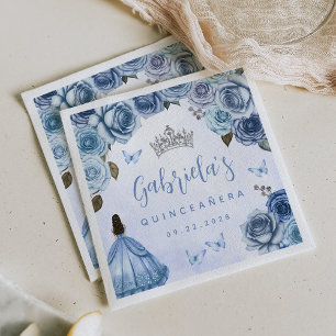 Blauw zilveren bloemige Quinceañera-feest Servet