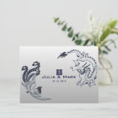 ©Blauw Zilveren Draak-Fenix Chinese Bruiloft Kaart (Staand voorkant)