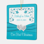 Blauw, Zilveren Liefdesharten Bruiloft 1e Kerstmis Keramisch Ornament (Links)