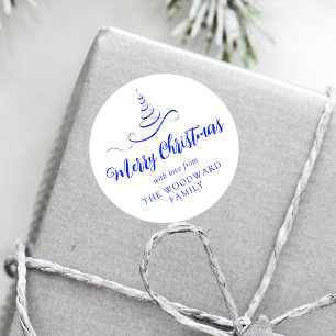 Blauw Zilveren Lint Boom Kerst Script Ronde Sticker