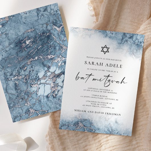 Blauw Zilveren Marmeren Bat Mitzvah Kaart