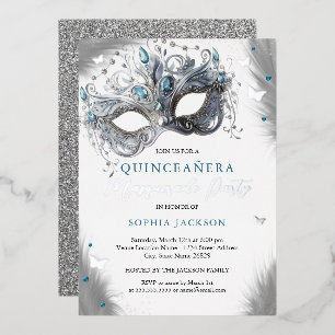 Blauw Zilveren Maskerade Masker Vlinder Quinceaner Folie Uitnodiging