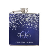 Blauw zilveren monogram, naam script glitter spark heupfles (Voorkant)