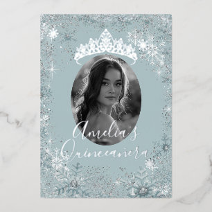 Blauw Zilveren Sneeuwvlok Foto Quinceanera Folie Uitnodiging