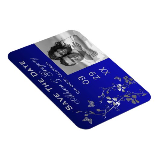 Blauw, zilveren vlinder bloemmotief opslaan datum magneet (Rechterzijde)