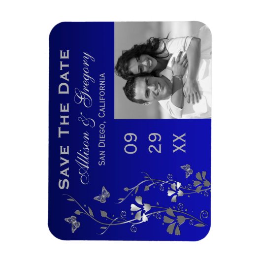 Blauw, zilveren vlinder bloemmotief opslaan datum magneet (Verticaal)
