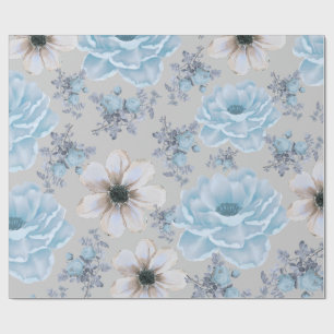 Blauw Zilveren Waterverf Bloemen Cadeaupapier