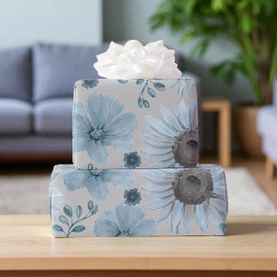 Blauw Zilveren Waterverf Bloemen Cadeaupapier