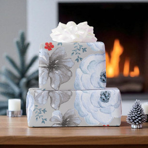 Blauw Zilveren Waterverf Bloemen Cadeaupapier