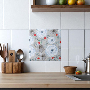 Blauw Zilveren Waterverf Bloemen Tegeltje
