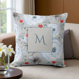 Blauw Zilveren Waterverf Bloemenscript Kussen