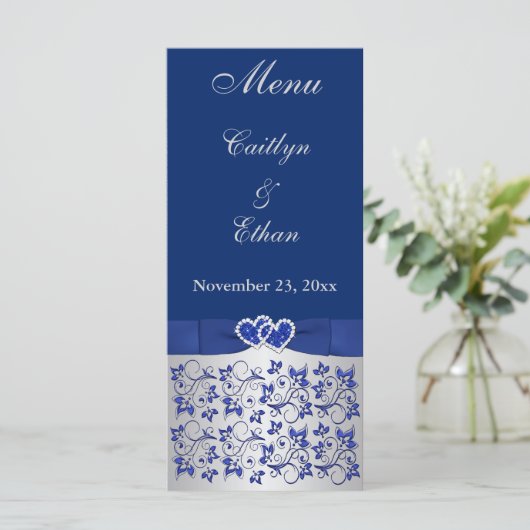 Blauw, Zilvergrijs Bloemen, Harten Menu Kaart (Staand voorkant)