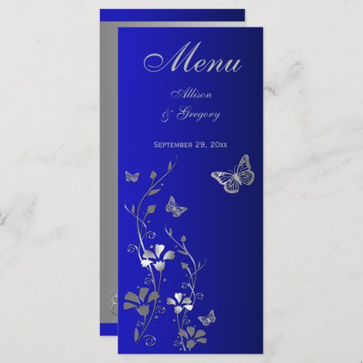 Blauw, Zilvergrijs Vlinder Bloemen Menu Kaart (Voorkant / Achterkant)