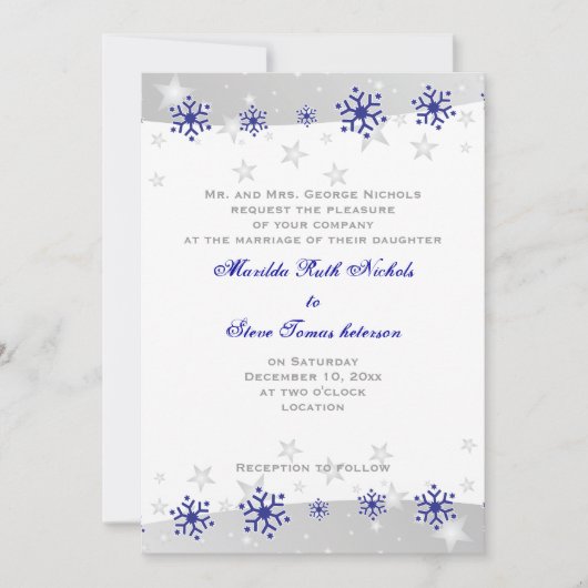Blauw, zilvergrijze witte sneeuwvlok bruiloft kaart (Voorkant)