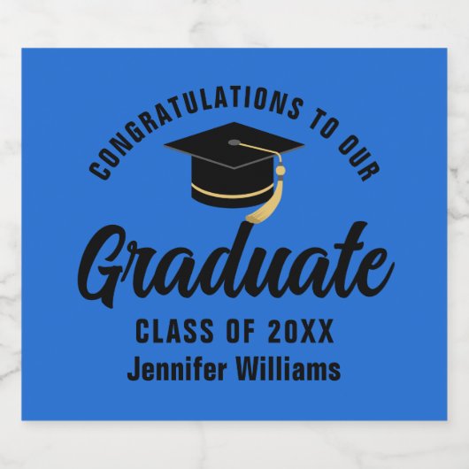 Blauw Zwart Afstuderen Custom Graduation Party Sparkling Wijnetiket (Enkel label)