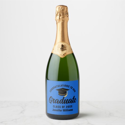 Blauw Zwart Afstuderen Custom Graduation Party Sparkling Wijnetiket (Voorkant)