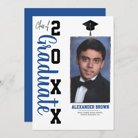 Blauw & Zwart Afstuderen Fotoaankondiging Kaart (Voorkant / Achterkant)