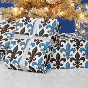 Blauw Zwart Barok Fleur-de-lis Patroon Ontwerp Cadeaupapier