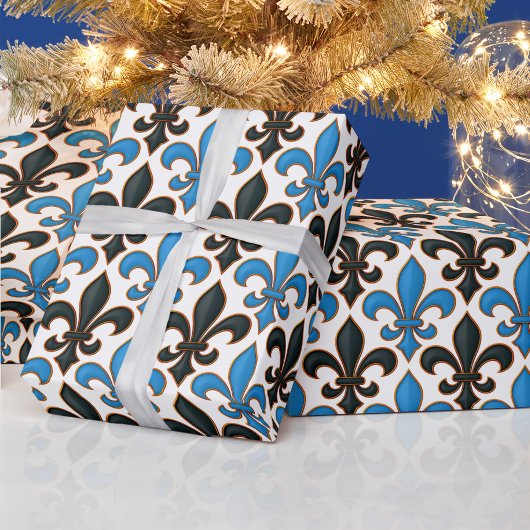 Blauw Zwart Barok Fleur-de-lis Patroon Ontwerp Cadeaupapier
