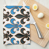 Blauw Zwart Barok Fleur-de-lis Patroon Ontwerp Theedoek (Quarter Fold)