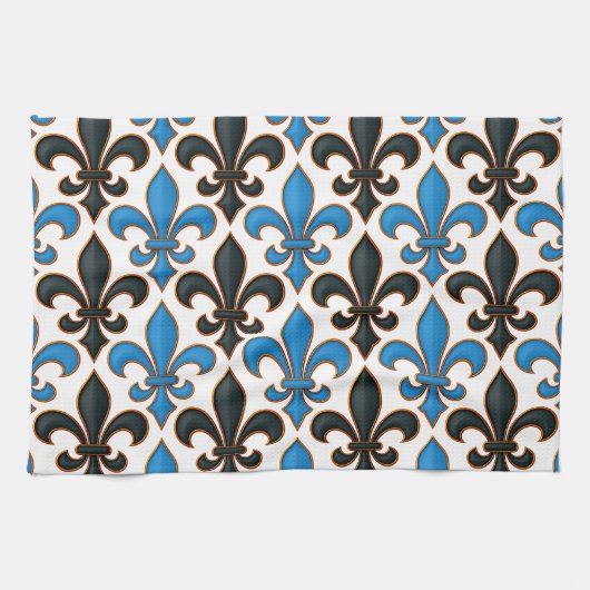 Blauw Zwart Barok Fleur-de-lis Patroon Ontwerp Theedoek (Horizontaal)