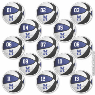 Blauw Zwart Basketbal stickers voor 13 teamleden