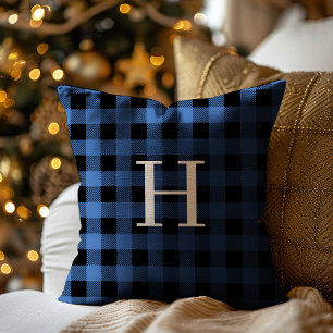 Blauw Zwart Buffalo Plaid Monogram Vakantie Kussen
