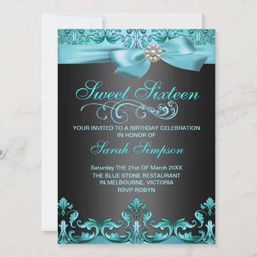 Blauw/Zwart Damask & Bow Sweet16 Verjaardag Uitnod Kaart (Achterkant)