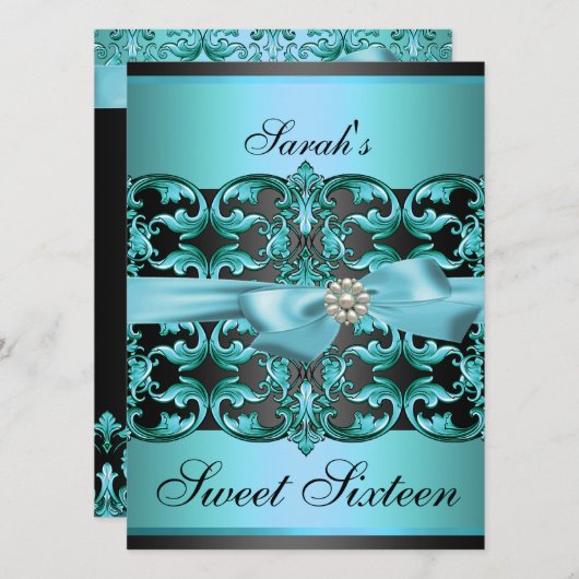 Blauw/Zwart Damask & Bow Sweet16 Verjaardag Uitnod Kaart (Voorkant / Achterkant)